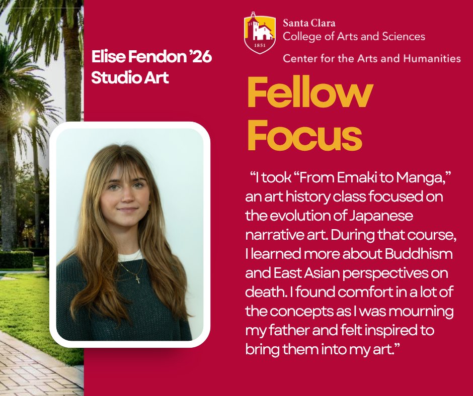 SCU_CAH's tweet photo. It’s time for Fellow Focus!
Meet our CAH student fellow Elise Fendon '26
Major: Studio Art

Learn more about Elise and her project, “Colors of Mourning” by reading her profile in the link below:
https://t.co/Ek00NaDjTG https://t.co/Ttnqb9kJti