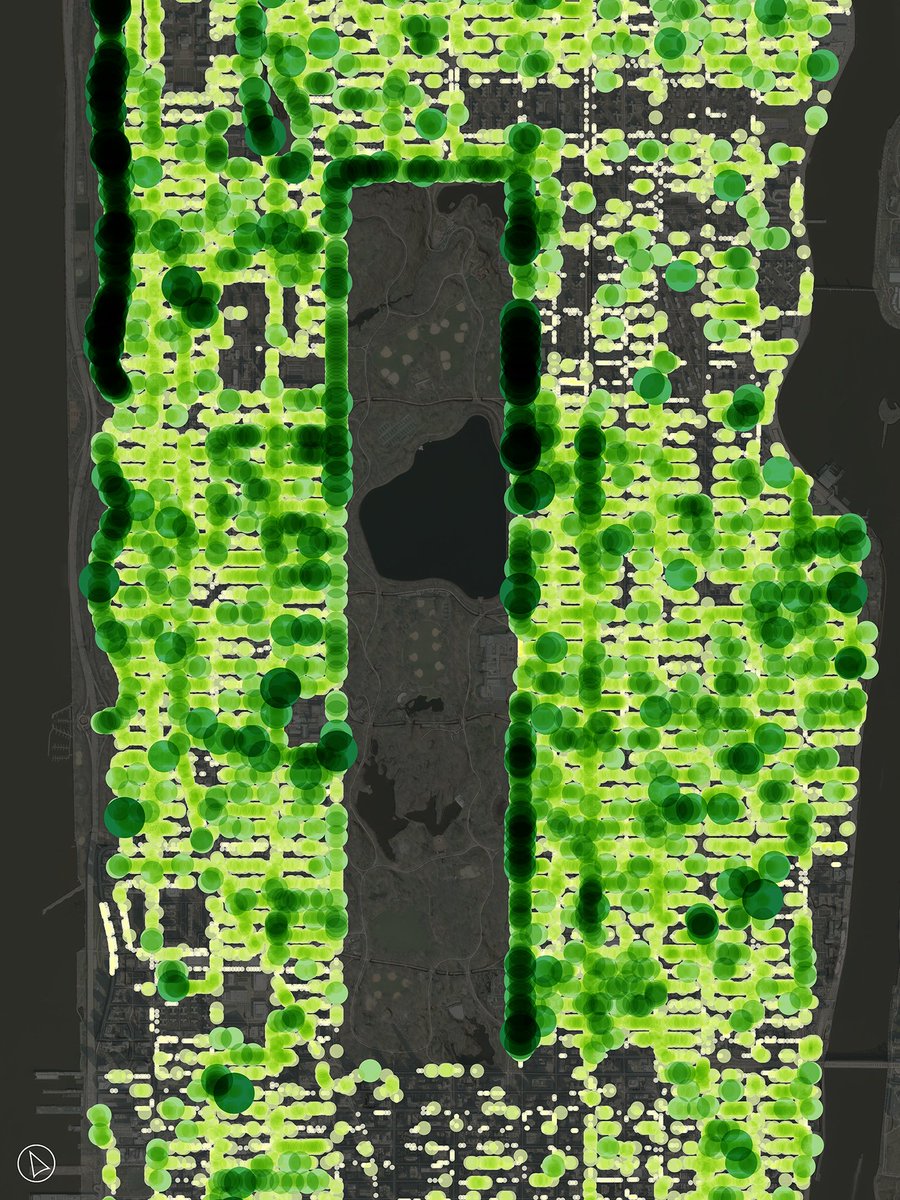 Esri's tweet image. Some New Yorkers count steps others count trees! 🌳 Volunteers are using ArcGIS Field Maps to help NYC Parks map over 800,000 street trees revealing how the urban canopy changes and where more shade is needed. These map shows street tree size from the 2015 count. #ArborDay