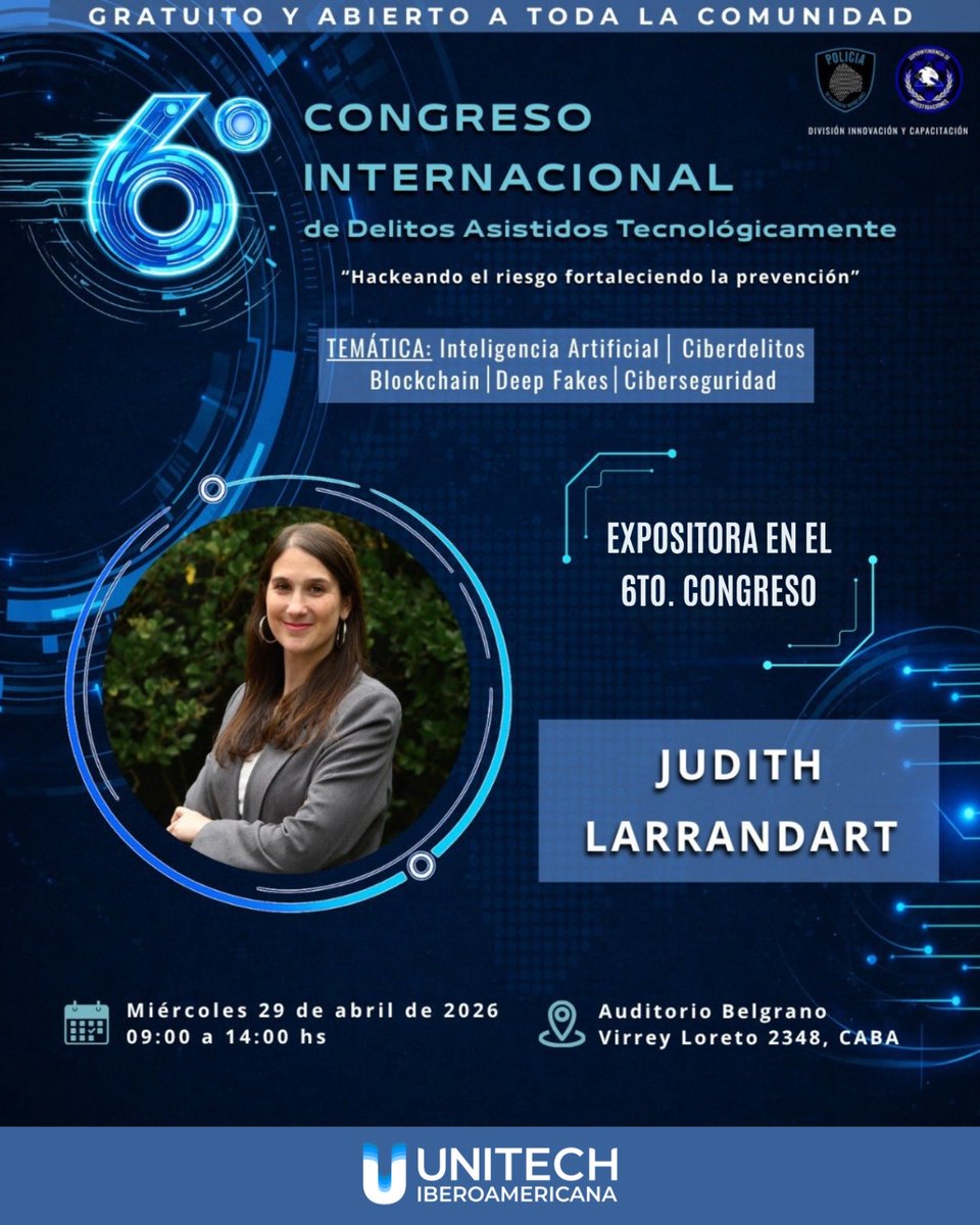 UnitechIbero's tweet photo. ¡Unitech Iberoamericana estará presente en el 6.º Congreso Int. de Delitos Asistidos Tecnológicamente, acompañando a la Policía de la Ciudad!

📝 Formulario de inscripción: https://t.co/YAJPHNBCyw

#UnitechIberoamericana #Ciberseguridad https://t.co/2pn15zYkxB