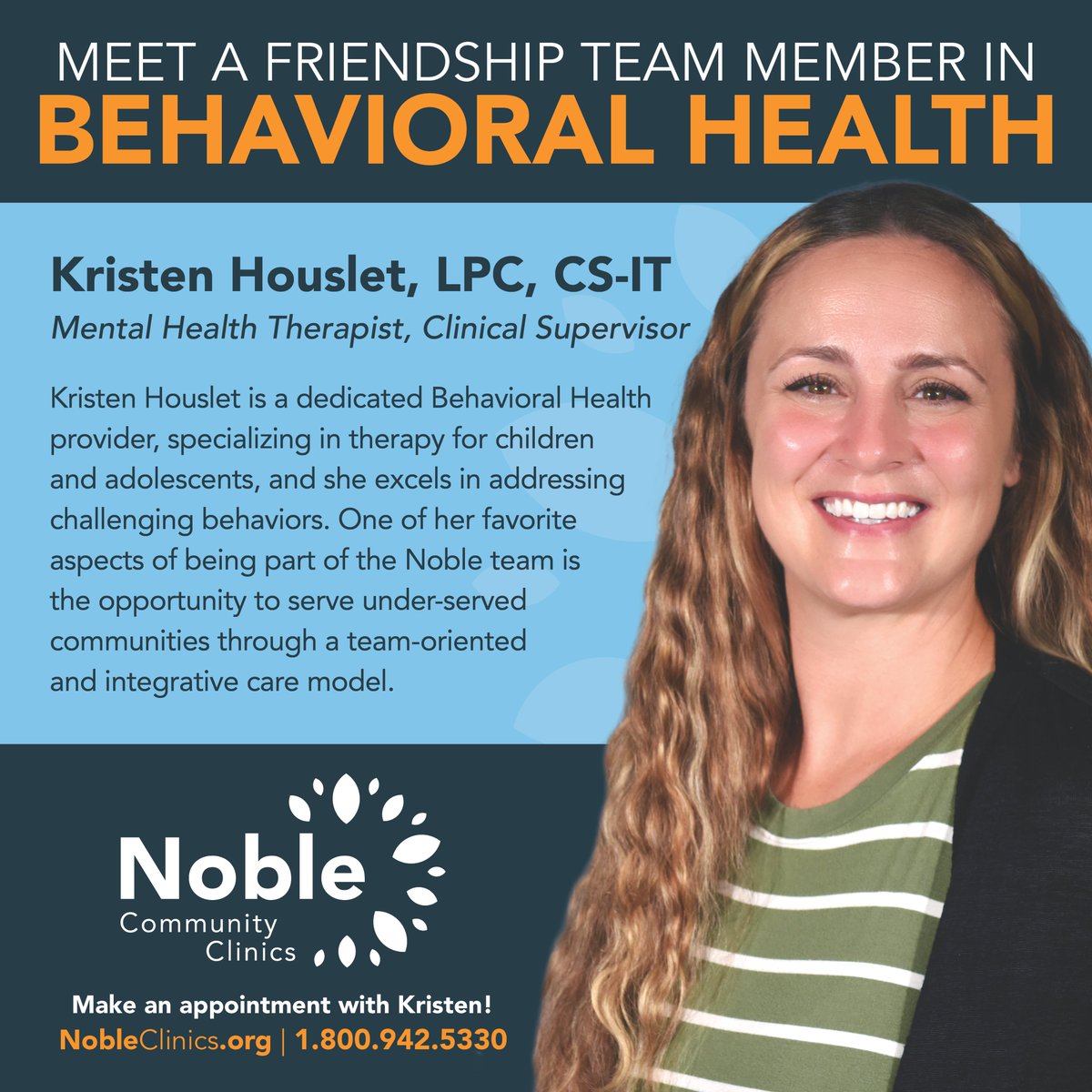 NobleClinics's tweet image. 💙✨ MEET A FRIENDSHIP TEAM MEMBER ✨💙

Meet Kristen Houslet, LPC, CS-IT, Mental Health Therapist &amp;amp; Clinical Supervisor at Noble Community Clinics! 🌿

📅 Make an appointment today: NobleClinics.org | 📞 1.800.942.5330

#MeetTheTeam #NobleCommunityClinics #FriendshipWI