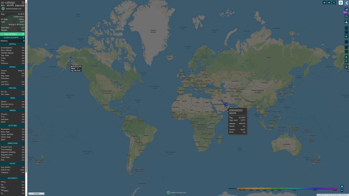 steffanwatkins's tweet image. 🇺🇸 #USAF E-3G Sentry AWACS fleet (15); last assessed locations 2026-04-23Z

Prince Sultan AB 🇸🇦 (6)
➢ 75-0556 #AE11D6 (25d)
➢ 79-0001 #AE11E7 (12d)
➢ 78-0578 #AE11E6 (7d)
➢ 76-1604 #AE11DB (4d)
➢ 76-1605 #AE11DC (2d)
➢ 82-0007 #AE11F0

Kadena AB 🇯🇵 (1)
➢ 75-0558 #AE11D8
