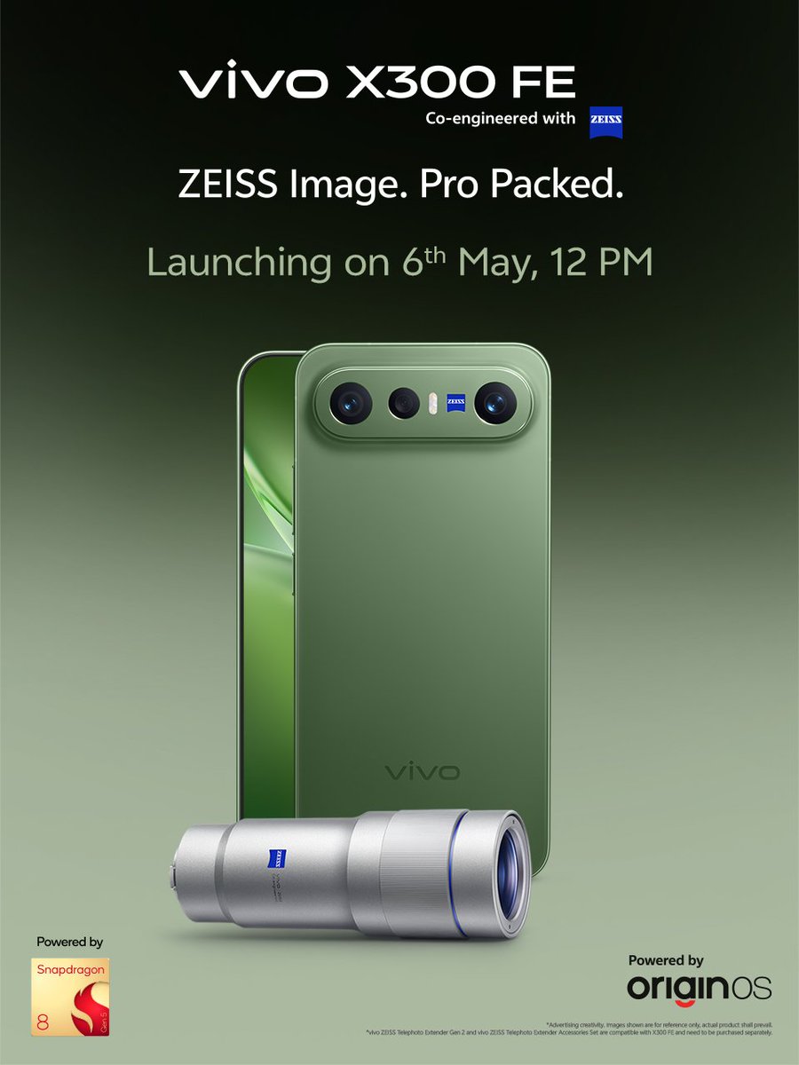 tsaikumar1989's tweet image. #Vivo #VivoX300FE

6.32" 1.5K 120Hz LTPO oled display
Ultrasonic fps
SD 8 Gen 5
4200mm² VC
LPDDR5x UFS 4.1
50(IMX 921, OIS)
50(IMX 882,OIS, 3x)
8 UW
50(JN1, 🤳)
#Zeiss optics
6500mAh + 90W + 40W wireless
Android 16 (5+7 years update)
WiFi 7
BT 5.4
IR blaster
NFC
Dual 🔊
IP69