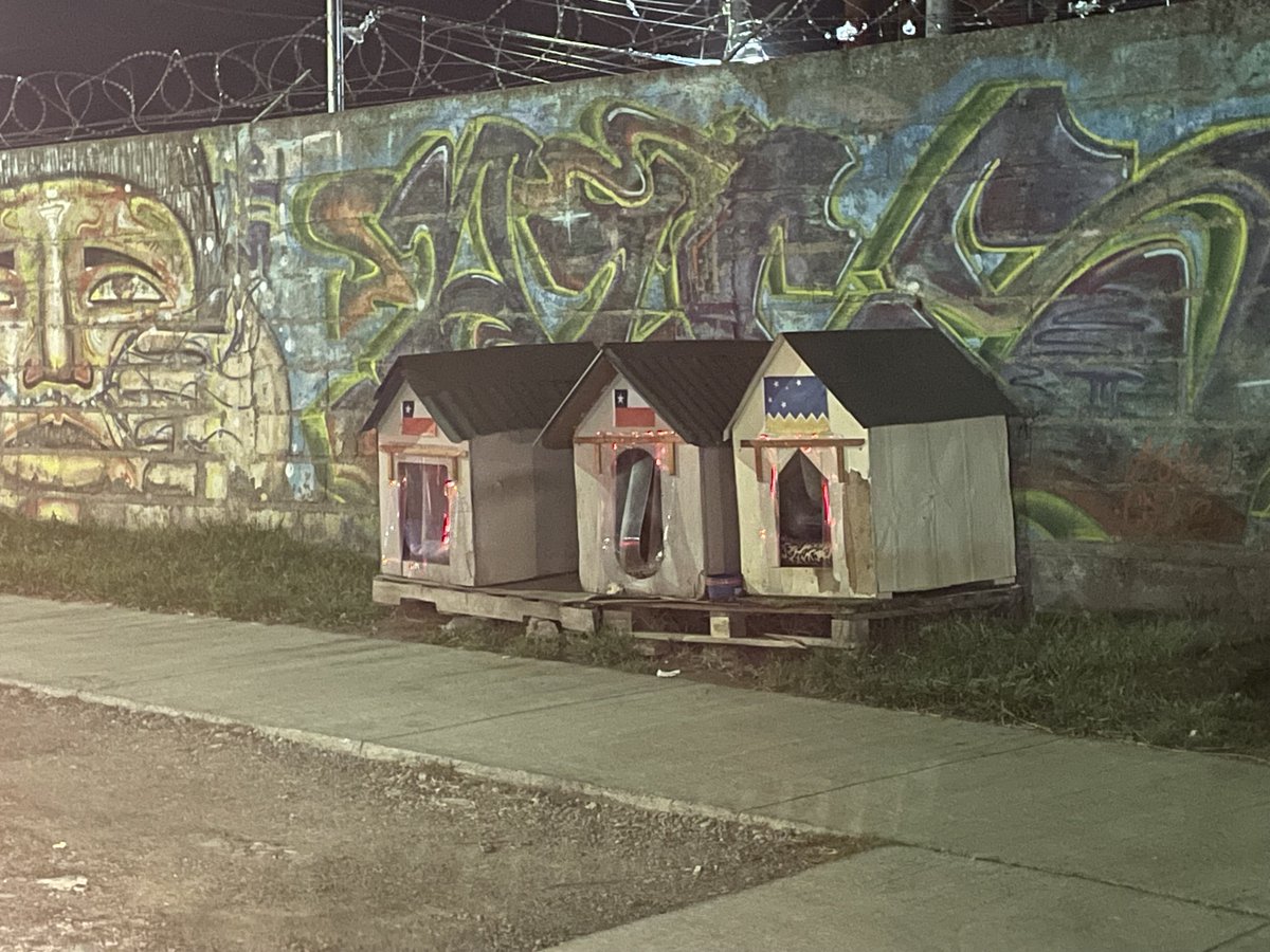 Alguien que se preocupa mucho de los perritos construyó estas casitas para que se protejan del frío en Punta Arenas. Vi  entrar  a sus moradores.