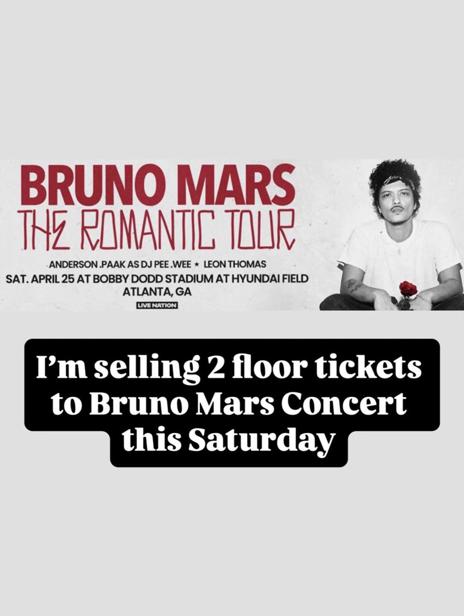 BernaM27's tweet image. Hey guys!! I’m selling 2 tickets to Bruno mars for this Saturday in ATL #BrunoMars #ATL #GA
