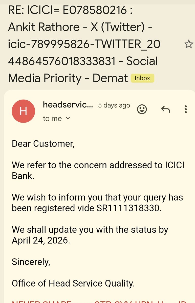 AnkitR35000's tweet image. @ICICIBank_Care @ICICIBank @RBI @RBIsays @jagograhakjago

Complaint SR1111318330 for Demat AMC refund is still UNRESOLVED. Bank missed April 24 deadline. No response yet.

Requesting Banking Ombudsman to intervene.

#ICICIBank #RBI #ConsumerRights #BankingOmbudsman