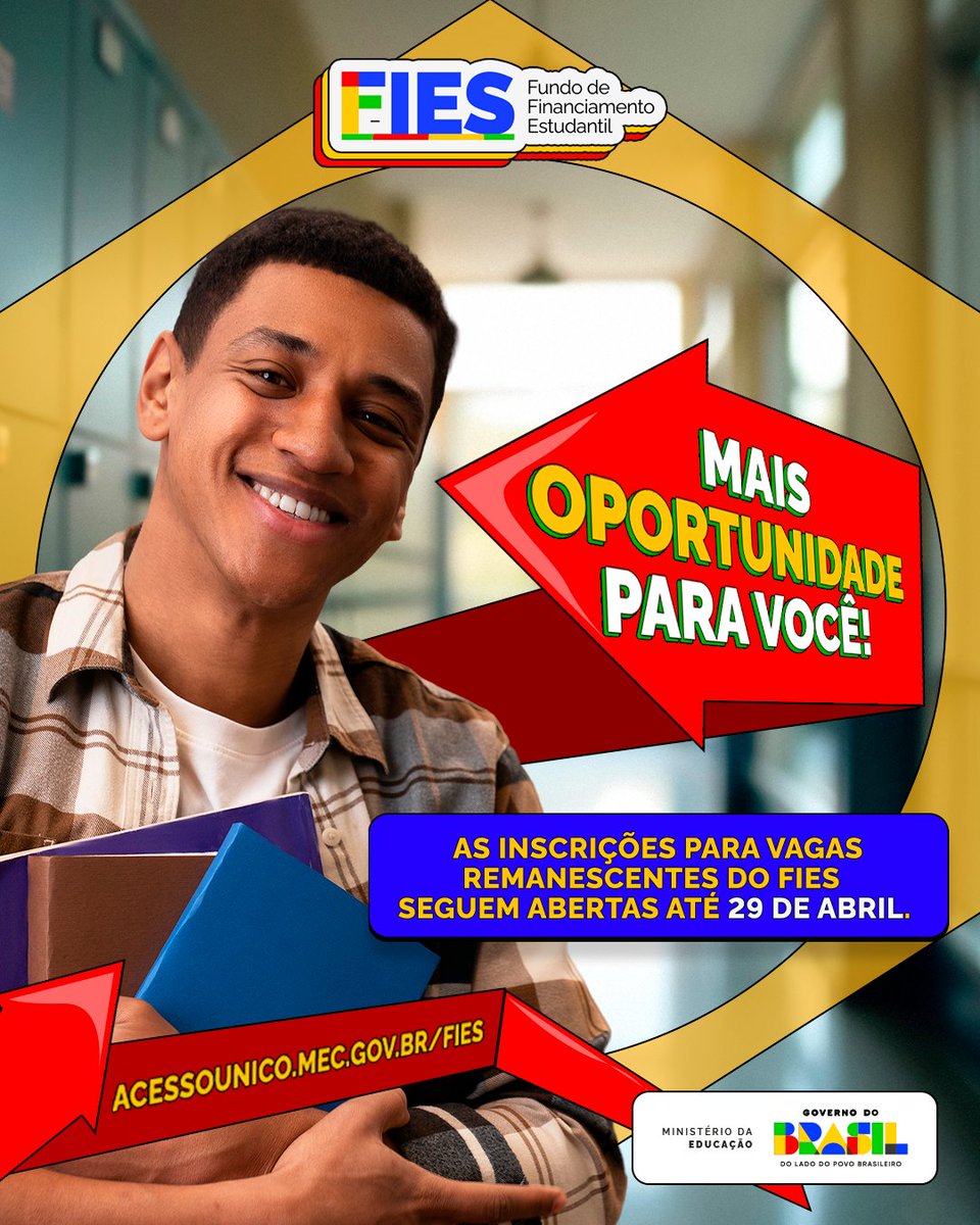 min_educacao's tweet image. 👀 Ei, se liga!
O Fies está com inscrições abertas para vagas remanescentes até 29/4. A iniciativa amplia o acesso ao ensino superior, com oferta também para o Fies Social.
Inscrições gratuitas pelo Portal Acesso Único. Resultados em 7/5.

#Fies #Educação #EnsinoSuperior #MEC