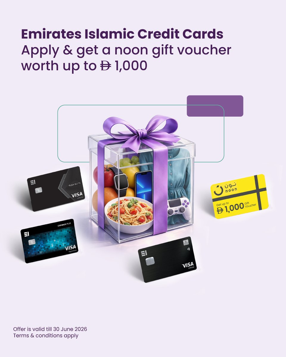 Apply for an Emirates Islamic Credit Card and enjoy unmatched rewards:

🌟 Welcome bonus worth up to AED 1,000 noon.com gift voucher
✈️ Airport lounge access, meet &amp; greet services and airport transfers