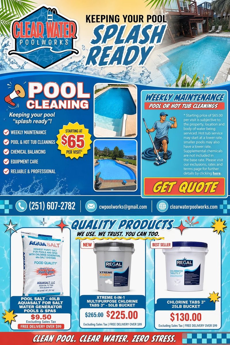 adam_swedenburg's tweet image. Clear Water Poolworks  keeps your pool clean, clear, and “splash ready” all season long.

📞 (251) 607-2782
🌐 clearwaterpoolworks.com

Let them handle the work… you enjoy the water. 😎

Serving the Baldwin County and Pensacola area! 
#poolcleaning #summerready #supportlocal