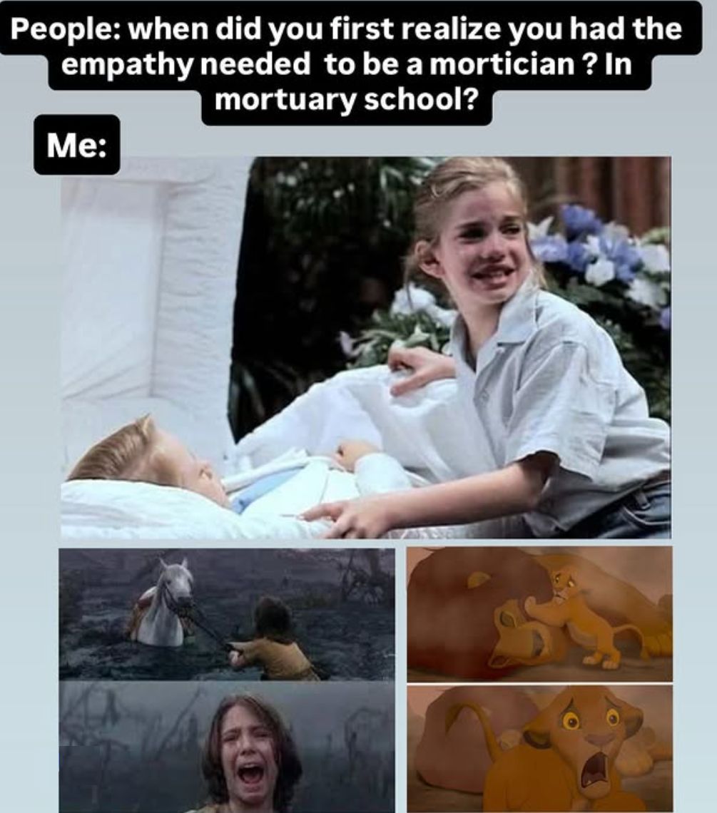 myASDcalls's tweet image. This one goes out to all of our millennial funeral directors—turns out watching My Girl, The Lion King, and The NeverEnding Story as kids wasn’t trauma… it was career orientation. #FridayFunny (Shared via TheFuneralLife Instagram)