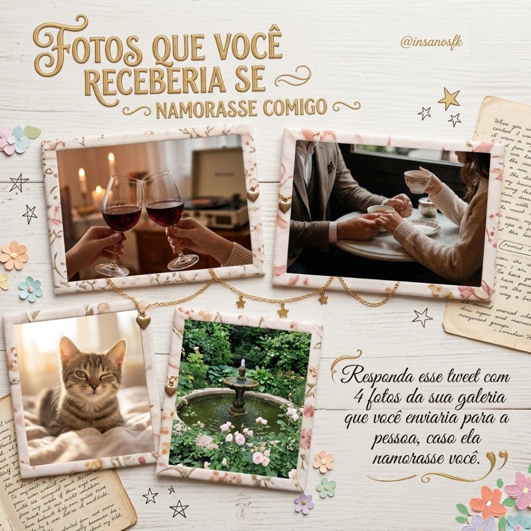 insanosfk's tweet photo. 📸 FOTOS QUE VOCÊ RECEBERIA SE NAMORASSE COMIGO

Sextou com um toque de carinho, conexão e aquele gostinho de “quero mais”

Poste 4 fotos que representem momentos do seu dia que você enviaria pra alguém que ama — imagens simples, mas cheias de carinho, conexão e significado.🥰 https://t.co/pqZUqJfQkL