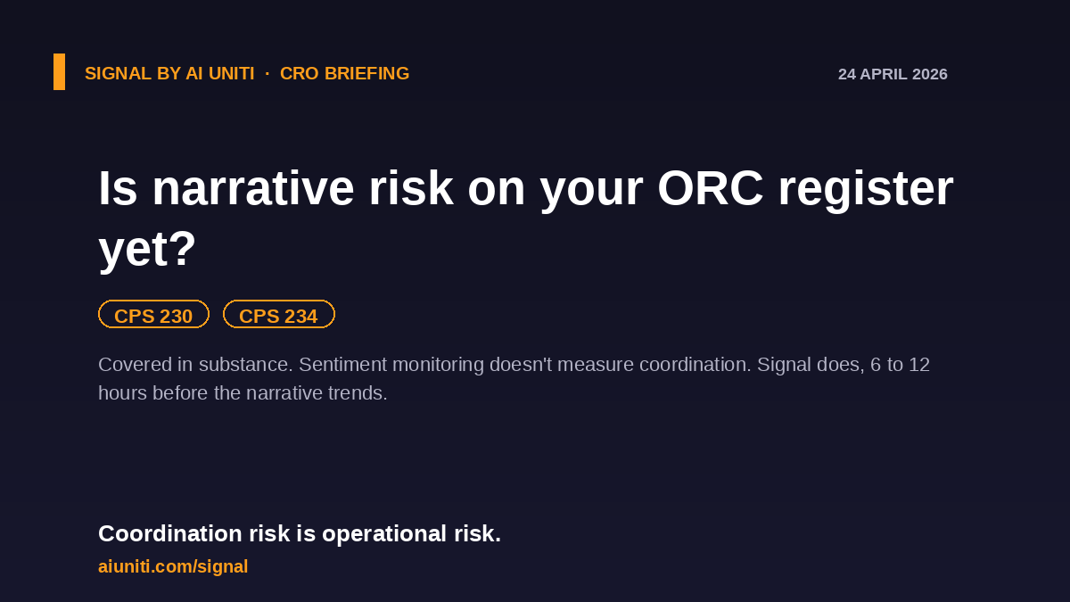 Most ASX200 risk registers still don't list them. CPS 230 covers them in substance.

Signal sees the coordination 6 to 12 hours before the narrative trends.

aiuniti.com/signal