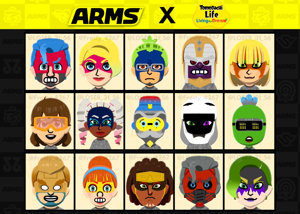 ARMSCentral's tweet image. Let's welcome these new islanders with ARMS wide open!

Arm yourself with the knowledge on how to create the #ARMS fighters in Tomodachi Life Living the Dream in the replies.

We also extend a big thanks to LOSER and Frosty for making all of these! #ARMSNICE