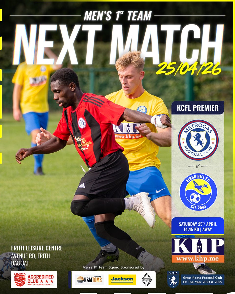KingsHillFC1's tweet image. 🚨 NEXT MATCH 🚨

Men’s 1st Team 🆚 Metrogas
🕑 2:45pm KO | Away

Men’s Reserves 🆚 Cinque Ports
🕑 2:45pm KO | Away

🟡🔵

#KingsHillFC #KHFC #Matchday #GrassrootsFootball