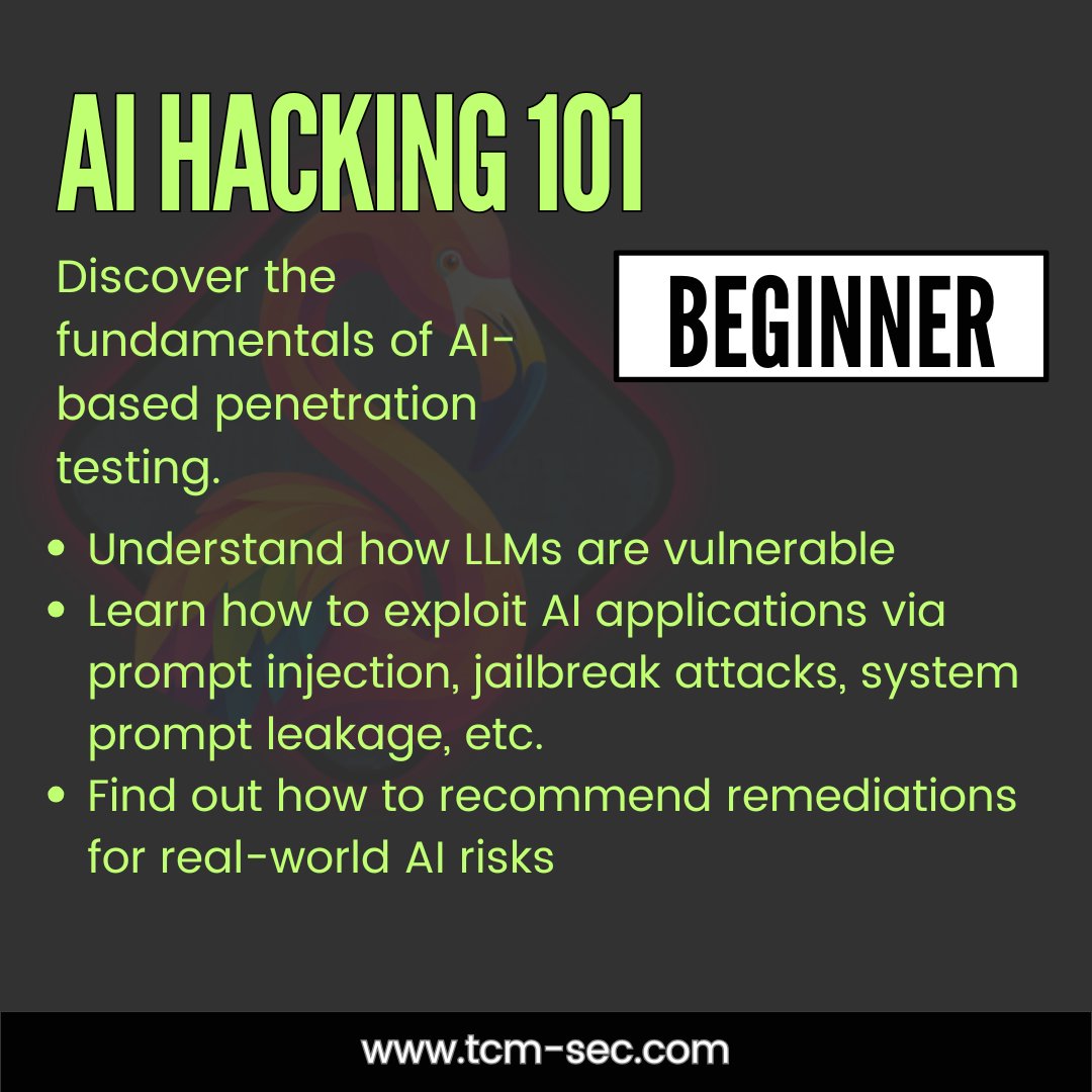 TCMSecurity's tweet image. AI vulnerabilities are being exploited in the wild, and most #security teams aren't trained to find them yet. 

On May 8th, we're running a one-day live #AI Hacking 101 course with Andrew Bellini covering prompt injection, sensitive information disclosure, improper output