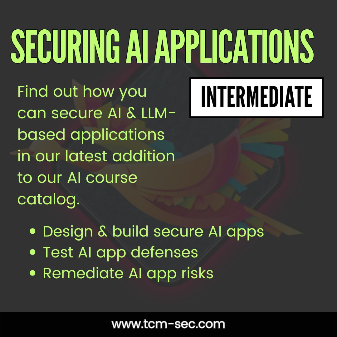 TCMSecurity's tweet image. AI vulnerabilities are being exploited in the wild, and most #security teams aren't trained to find them yet. 

On May 8th, we're running a one-day live #AI Hacking 101 course with Andrew Bellini covering prompt injection, sensitive information disclosure, improper output