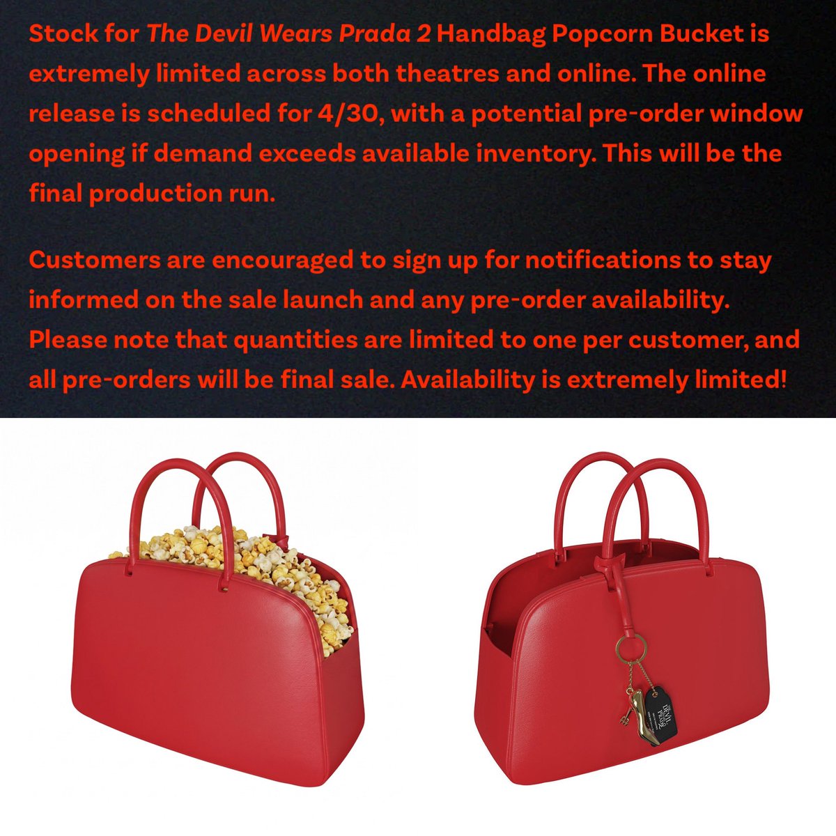 DisTrackers's tweet image. The Devil Wears Prada 2 Popcorn Handbag drops online on 4/30! They expect it to sell out and will offer a preorder as well. Theaters should be selling soon.
.
#DevilWearsPrada #Handbag #Collectibles #Movie
