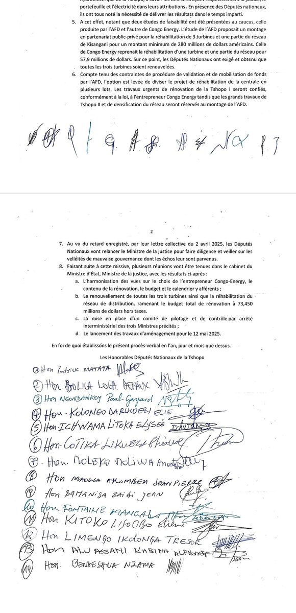 LungilaJ's tweet photo. Proces FRIVAO,

Encore un autre mensonge et manipulations de l’opinion pour salir Constant MUTAMBA.

L’entreprise Congo Energy appartenant au Groupe MALT FOREST, a été choisie unanimement par les députés nationaux et sénateurs de la TSHOPO, en présence des représentants des ministres de justice, finances,  énergie et Portefeuilles. Snel, pour son expertise avérée en matière d'énergie. 

Les travaux consistaient au remplacement de 3 turbines de la Centrale TSHOPO 1 et la construction du nouveau réseau d’electeification à Kisangani. 

Censés débuter le 12 Mai 2025 pour se clôturer en 2027, ces travaux ont été stoppés à cause de l’intervention de l’Agence Française de Développement, AFD, auprès de la primature.

AFD a exigé aux autorités congolaises d’attendre 2030 pour qu'elle mobilise les fonds en France afin de financer ledit projet. L’ensemble des travaux était estimé selon elle à 120 Millions USD. 

Donc, aucun dollar n’a jamais été dépensé par Congo énergie. 
 Il n’y a jamais eu détournement de 50 Millions USD et L’entreprise n’a jamais rien décaissé. 

L'argent est resté intact depuis lors, le projet bloqué et la ville de Kisangani demeure dans le noir. 

Et l’ancien Ministre Constant MUTAMBA n’a jamais proposé de lui-même, Congo énergy qu'il ne connaît même pas.

Le procès verbal des réunions des députés nationaux de la TSHOPO ainsi que la lettre de ces derniers et meme les images en font foi (Voir les deux documents ci-dessous)

Il s’agit donc des faussetés pour manipuler l’opinion. 

Ce procès fait la honte et expose inutilement le pays. 

Pourquoi le Ministre de la Justice, Guillaume NGEFA parle alors d'un détournement qui n’existe pas ?

Pourquoi chercher à mentir, à ternir l'image de son prédécesseur, de Congo Energy et de l'ancien Coordon Chançard ?