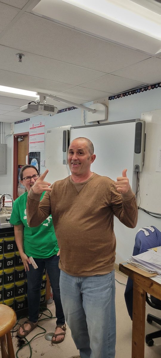 SnhuRms's tweet photo. The students earned a behavior reward of watching Mrs. Hanscom cut Mr. Farrington's hair today! There was a lot of chanting and laughter! What a good sport, Mr. Farrington! https://t.co/QRSehHKVhv