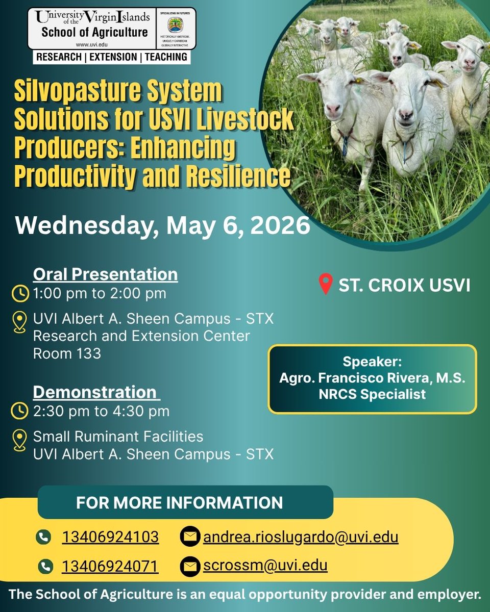 uvisoa's tweet photo. There will be oral presentations and demonstrations on "Silvopasture System Solutions for USVI Livestock Procedures: Enhancing Productivity and Resilience" on St. Croix and St. Thomas!

St. Thomas - Wednesday, May 6, 2026
St. Croix - Thursday, May 7, 2026 https://t.co/Jb8hMbAaye