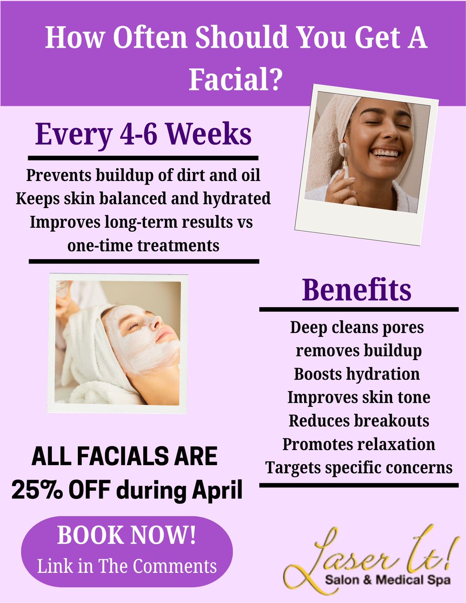 laseritspa's tweet image. Great skin isn’t a one-time thing , it’s a routine!

Getting a facial every 4–6 weeks helps keep your skin clear, hydrated, and glowing by supporting your natural skin cycle. Regular treatments = better, longer-lasting results.

Consistency is key!
#windsorOn #facials #routine