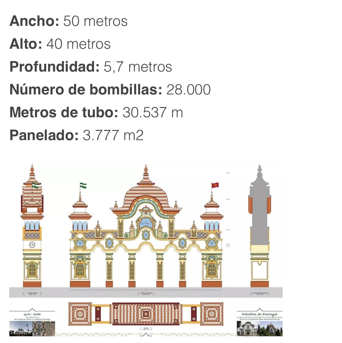 Detalle de la portada de la Feria de Abril de Sevilla 2026, inspirada en el Pabellón de Portugal para la Exposición Iberoamericana de 1929… #FeriaSevilla2026