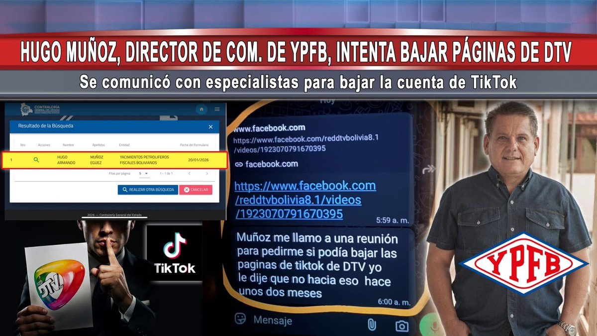 YPFB destituye a Hugo Muñoz Director de Comunicación, sindicado de contratar mexicanos para bajar páginas

Tras la posesión del nuevo presidente de <a href="/YPFB_corp/">YPFB Corp.</a>, #SebastiánDaroca, se determinó la destitución de #HugoArmandoMuñoz, quien se desempeñaba como Director de Comunicación