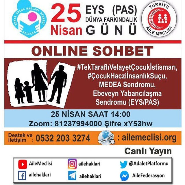 CocukHaklariDe's tweet photo. Çocuklar mal değil canımızdır Onları anne/baba çatışmalarına katmak;#EbeveynYabancılaştırmaSendromu #EYS/PAS travmadır #çocukistismarı,suçtur
25Nisan https://t.co/NlF6JVRYap

DünyaÇocukHaklarıDerneği @CocukHaklariDe
Bşk @ADEMcevik

https://t.co/iNgu0Y3DIw
@abAKINgurlek @RTErdogan https://t.co/3On9AFtzHv