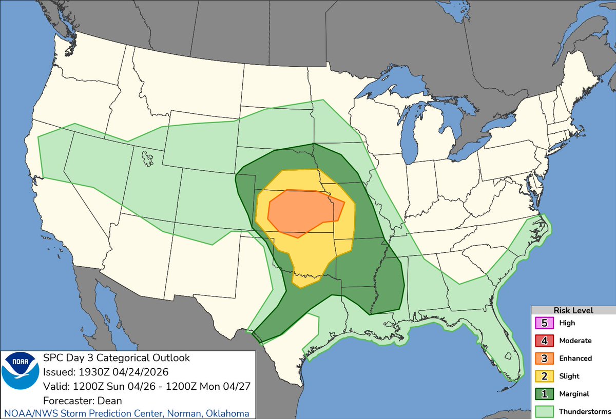 2:31pm CDT #SPC Day3 Outlook Enhanced Risk: across much of Kansas into adjacent portions of northern Oklahoma and western Missouri spc.noaa.gov/products/outlo…