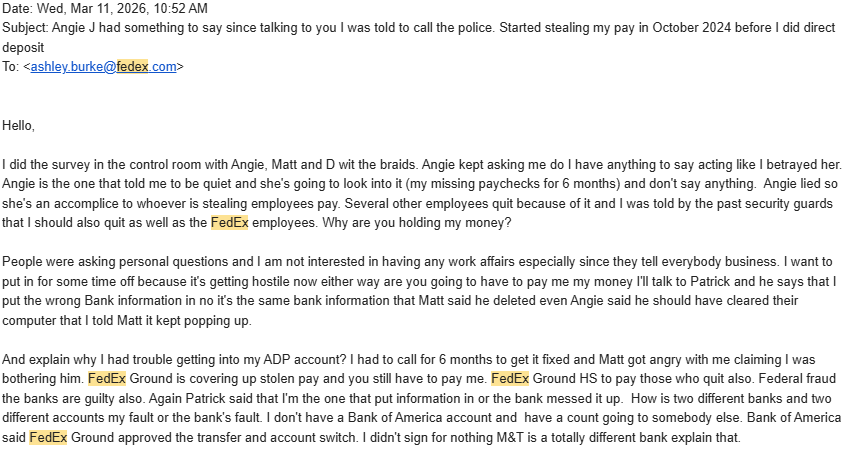 onagh's tweet image. Miss Russell has waited over 15 months for her #stolenwages from 10/1/2024 thru 1/15/2025. Your employees are dragging their feet protecting the #Fraud. Ignoring calls &amp;amp; emails. Miss Russell is 1 of 100's- your FedEx Ground in Edgemere has high turn over-can't keep Staff, their