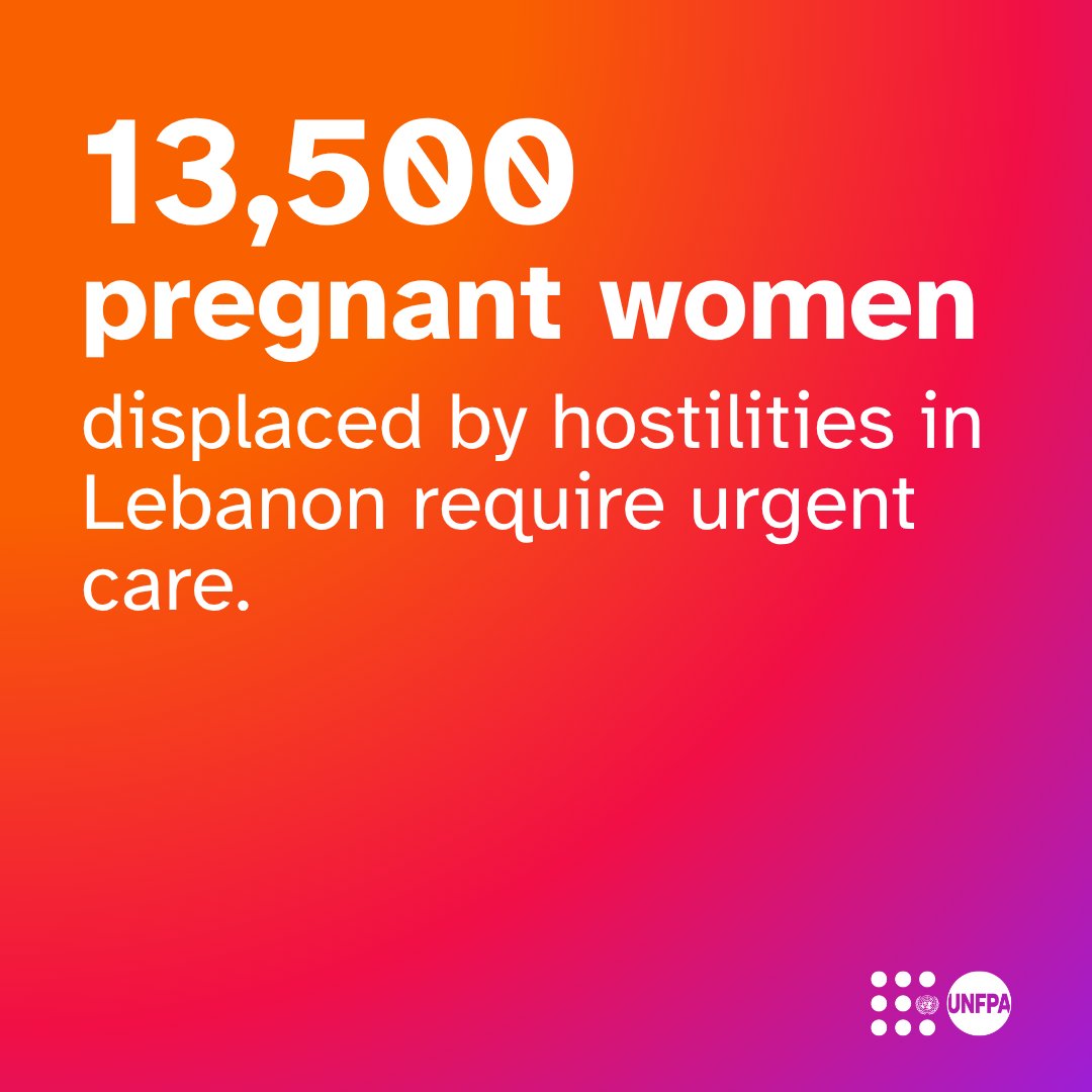 UNFPA's tweet image. 1,500 displaced pregnant women in #Lebanon are expected to give birth within the next month.

Yet the destruction of infrastructure is isolating them and impeding humanitarian aid.

See how @UNFPA is reaching them with crucial maternal healthcare: unf.pa/lbs1
