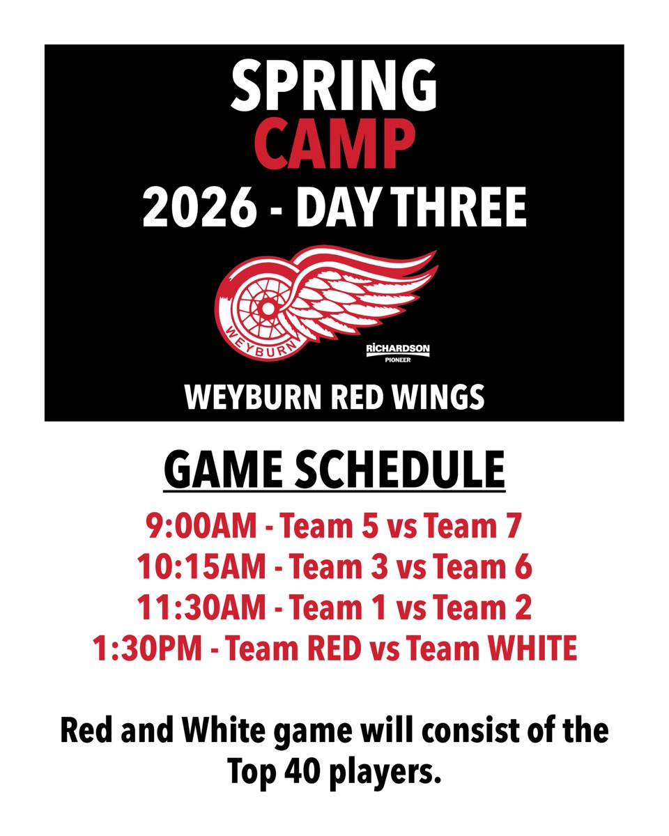 weyburnredwings's tweet photo. 📅 The final day of Spring Camp is underway!
Make sure to check out the Red & White game to watch the top 40 players!
#WeyburnRedWings #SJHL #SpringCamp https://t.co/DwgozfCahu