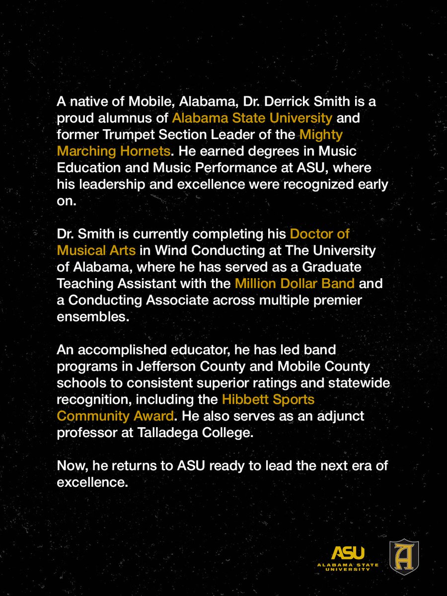 BamaState1867's tweet image. ASU welcomes Dr. Derrick Smith as Director of Bands, ushering in a new chapter for the world-renowned Mighty Marching Hornets.

The legacy stands strong. The standard remains unmatched. And the next era is ready to take the field.

#MyASU #MightyMarchingHornets #HornetNation