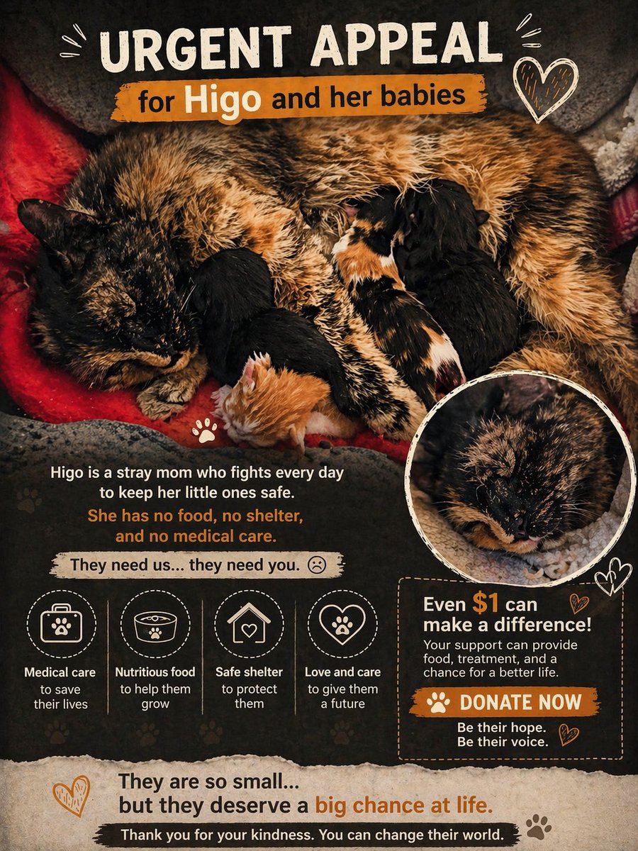 CatGaza_Sos's tweet image. Higo is a stray mom fighting to keep her newborn kittens alive… 💔🐾
No food. No shelter. No safety.

They cry… and she has nothing left to give.

Even $1 can save them.
Just $1 = food, warmth, a chance to live.

🔗 chuffed.org/project/177666

#Cats #Rescue #Donate