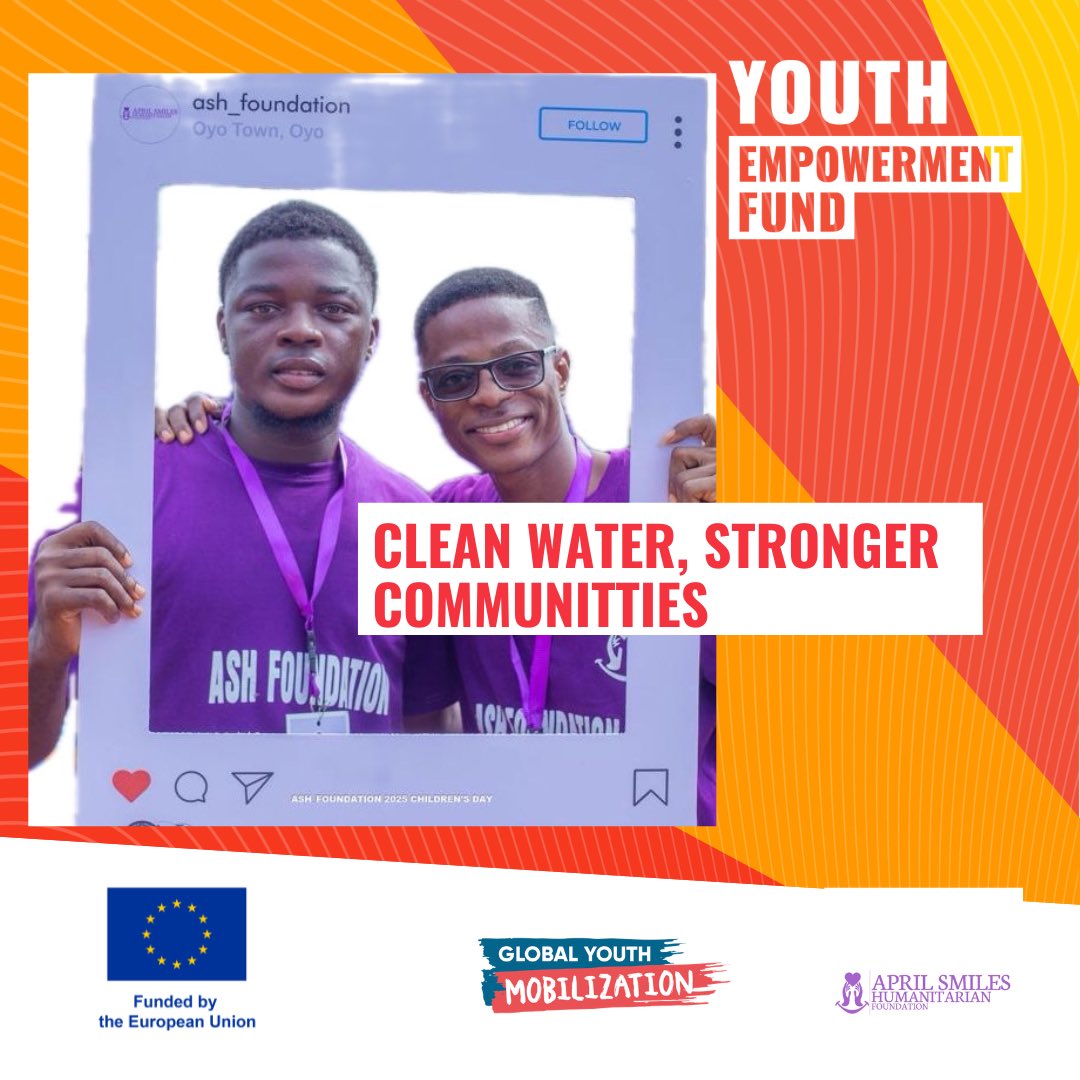 ashfoundation_'s tweet photo. We are thrilled to announce that our organization, April Smiles Humanitarian Foundation, has secured a grant from the European Union Youth Empowerment Fund through the Global Youth Mobilization to deliver a water project “Koso Unity Water Project” in seven villages in Oyo town https://t.co/jxV4XNK2Yr