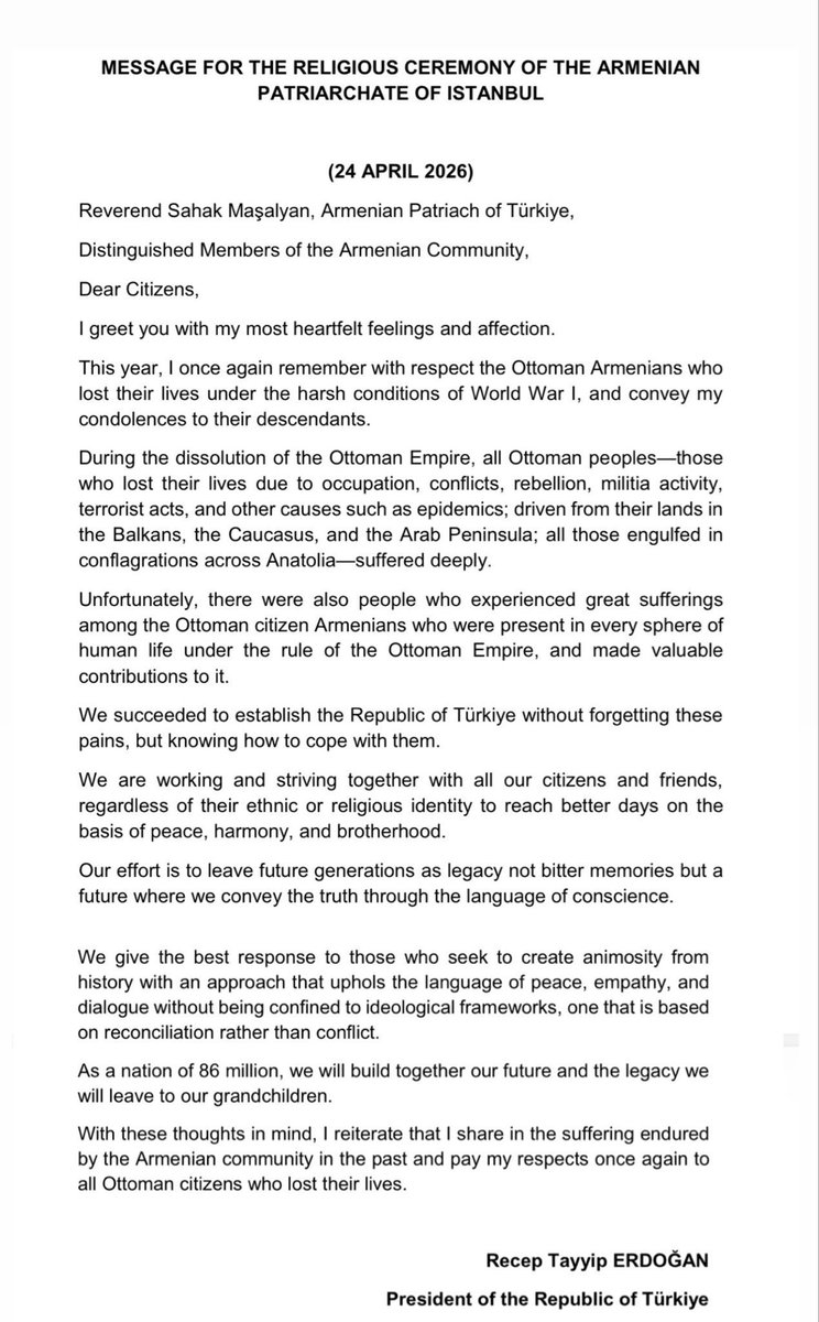 TC_DTODT's tweet photo. Sayın Cumhurbaşkanımızın Türkiye Ermenileri Patriği Sahak Maşalyan'a gönderdikleri mesaj:

The message of H.E. Recep Tayyip Erdoğan, President of the Republic of Türkiye, addressed to Reverend Sahak Mashalyan, Armenian Patriarch of Türkiye: https://t.co/Eqrieg1EFc