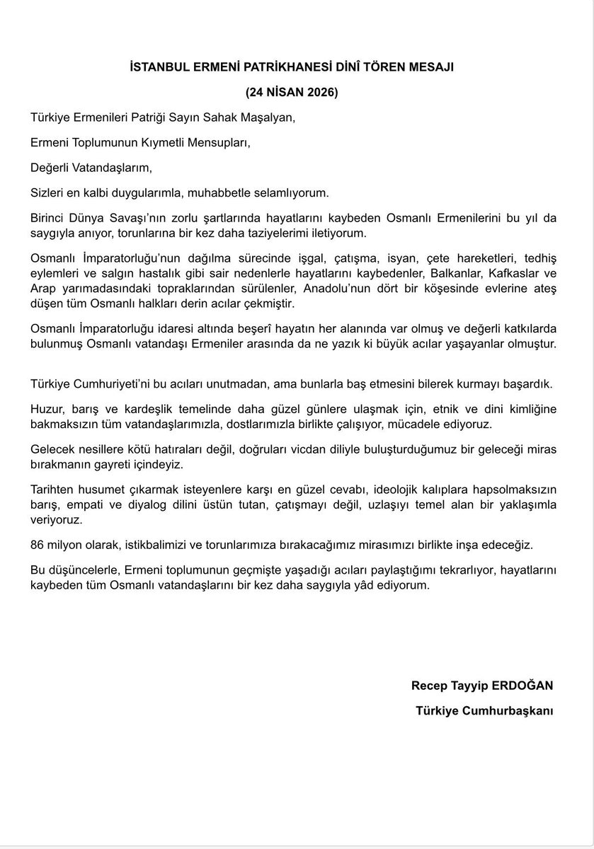 TC_DTODT's tweet photo. Sayın Cumhurbaşkanımızın Türkiye Ermenileri Patriği Sahak Maşalyan'a gönderdikleri mesaj:

The message of H.E. Recep Tayyip Erdoğan, President of the Republic of Türkiye, addressed to Reverend Sahak Mashalyan, Armenian Patriarch of Türkiye: https://t.co/Eqrieg1EFc