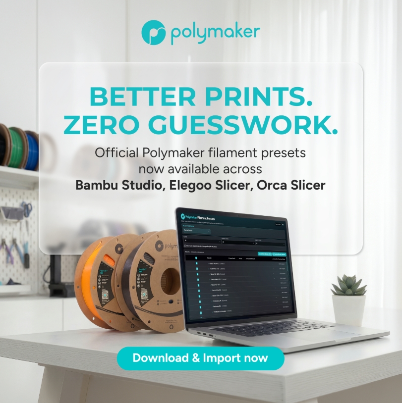 Polymaker_3D's tweet image. No more second guessing your settings.

Polymaker filament presets are now ready to go in Bambu Studio, Elegoo Slicer, and Orca Slicer.

New machines coming? 👀We’re already preparing presets for them.

Check it out: presets.polymaker.com

#Polymaker #3DPrinting #Maker