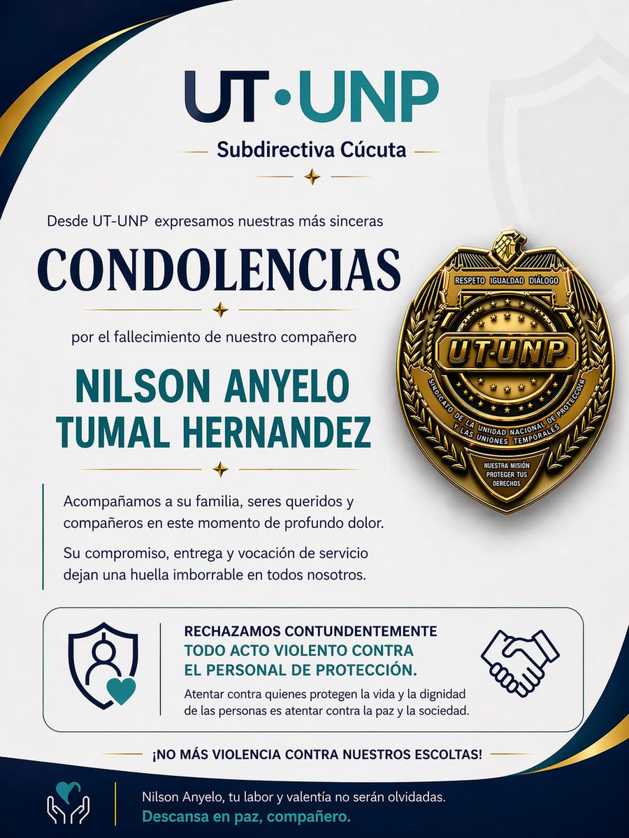 UTUNPCUCUTA's tweet photo. Rechazamos los actos violentos en contra del personal de protección y a su vez elevamos una plegaria con ocasión al asesinato de nuestro compañero en el departamento de Santander. https://t.co/4Q5fKkjcah