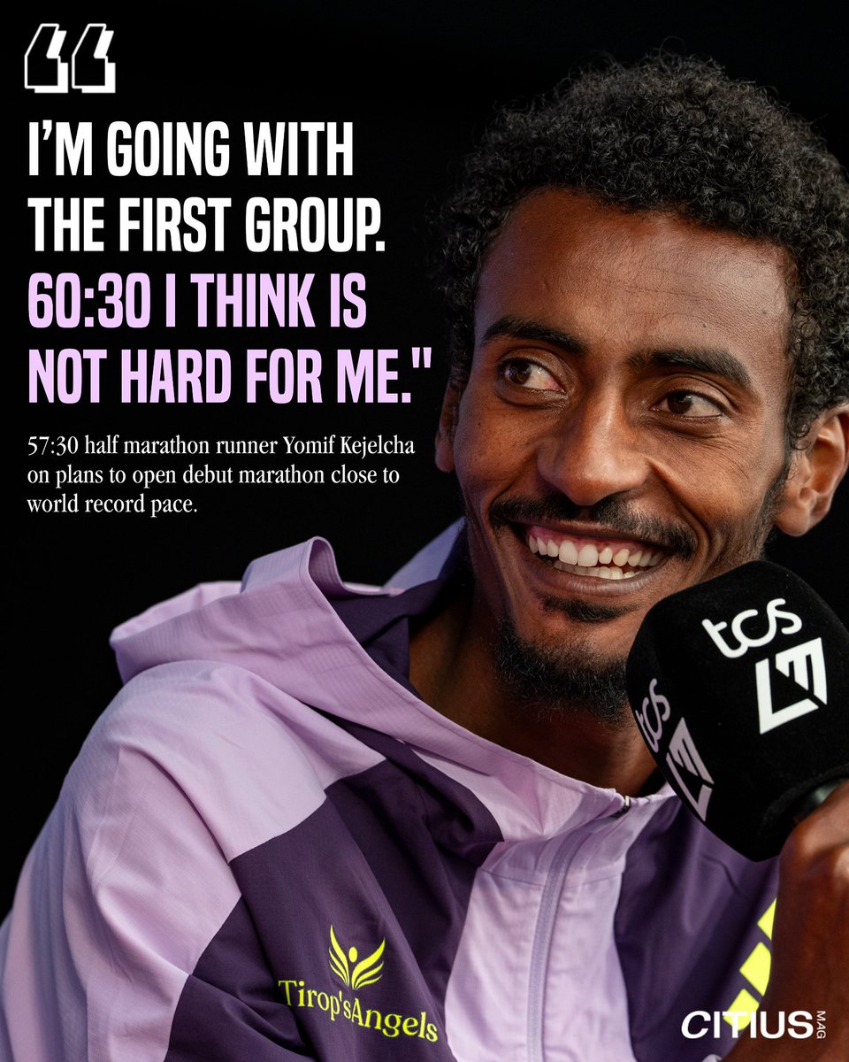 CitiusMag's tweet photo. “Fearless” is an understatement 😳

There aren’t many people in the world who’d call a 60-minute half marathon easy, but Yomif Kejelcha has broken the barrier SEVEN times already in his career.

So it’s understandable he’s heading into his marathon debut in London unafraid to dream big, as Kejelcha confirmed he’s planning to go with the leaders and the 60:30 pace they’ve requested for the half.

Only one man — world record holder Kelvin Kiptum — has debuted sub-2:02. Will Kejelcha be the second?

🎙️ FULL INTERVIEW: https://t.co/7pUiJtxutm