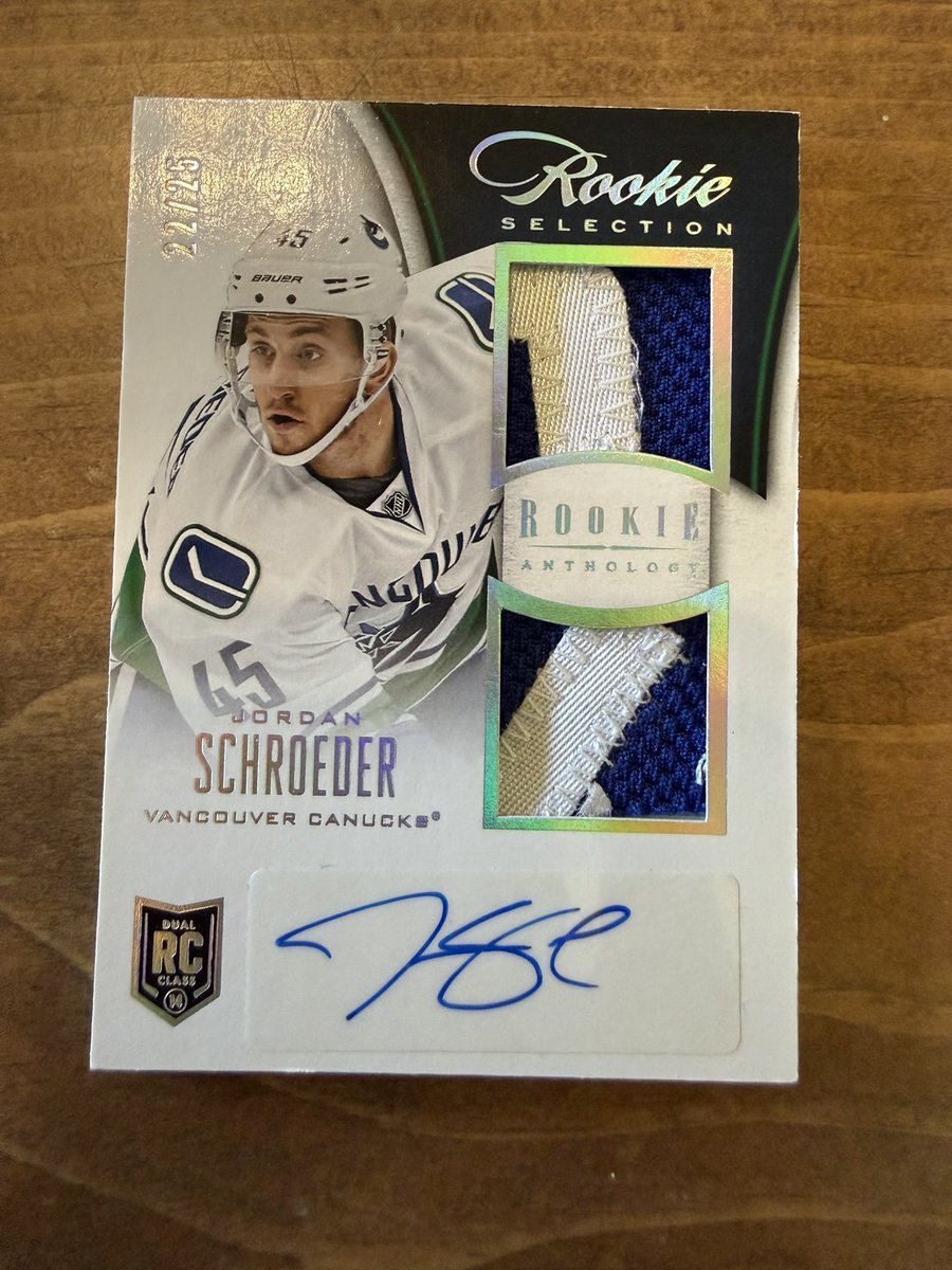 NHLCardSale's tweet image. STANLEY CUP PLAYOFF SALE: 
Jordan Schroeder Rookie Auto 2-color jersey /25

$6