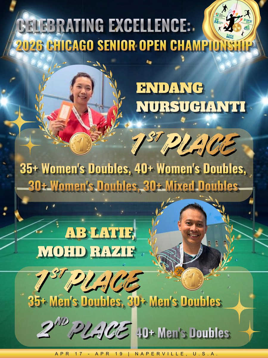 trainingatpbc's tweet image. 🏆 Dominance in Chicago: Our Coaches Sweep the Podiums!

#BadmintonChampions #ChicagoSeniorOpen2026 #CoachLife #BadmintonFamily #WinningStreak #NapervilleSports
