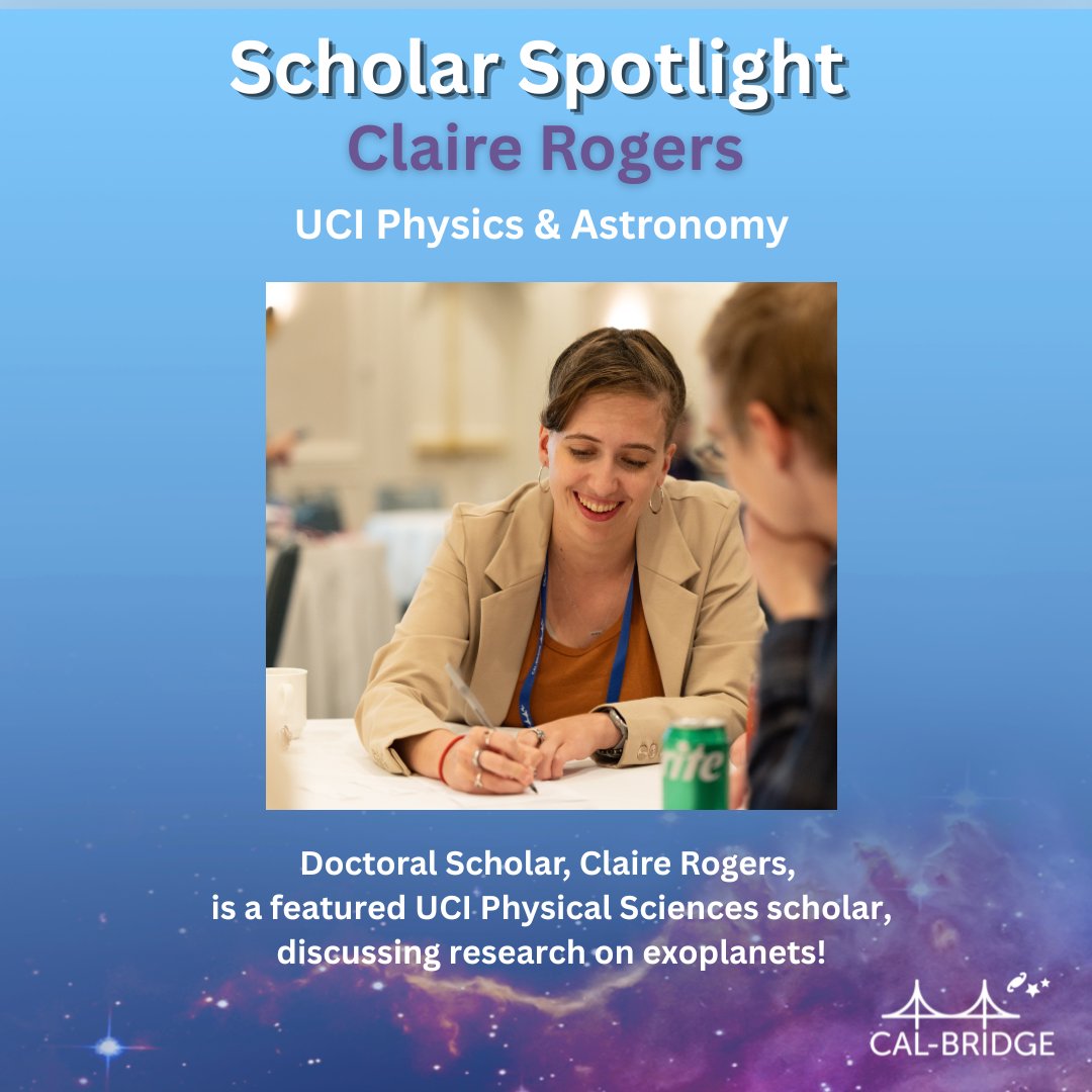 cal_bridge's tweet photo. Doctoral Scholar, Claire Rogers is looking at the stars to find our future within the Department of Physics &amp; Astronomy at UCI. Check out the scholar spotlight video, featuring Claire, made up @UCIPhysSci. #UCI #Physics #Astronomy #CalBridge #ZotZotZot
https://t.co/ZwGD3zk55K https://t.co/snr3e34Cel