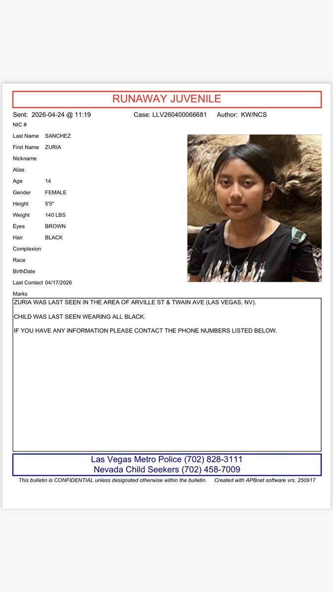 NVChildSeekers's tweet image. 🚨RUNAWAY JUVENILE 🚨

ZURIA WAS LAST SEEN IN THE AREA OF ARVILLE &amp;amp; TWAIN LAS VEGAS, NV).

LAST SEEN WEARING ALL BLACK 

IF YOU HAVE ANY INFORMATION PLEASE CONTACT LAS VEGAS METRO POLICE 702-828-3111

#nvchildseekers #MissingChild #missingperson