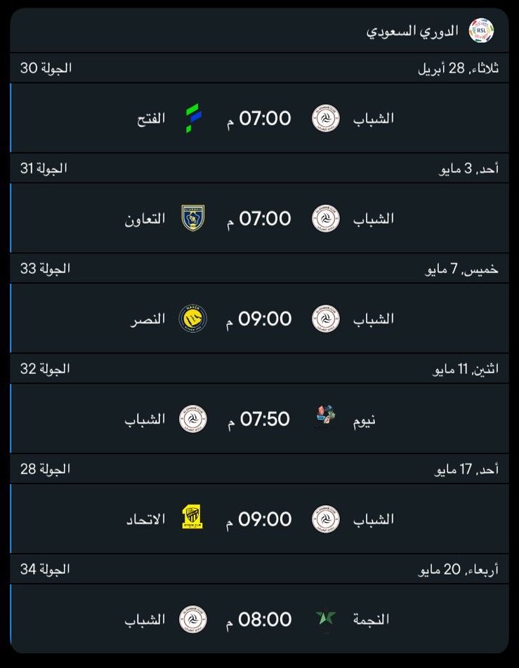 🚨
رسميا تم تحديث مباريات نادي #الشباب المتبقيه دورياً 🖤🤍

• 📆 الثلاثاء  28-04 
•  ⛳️ الشباب   × الفتح    
• ⏱️ 19:00
• 🏟️ ملعب اس اتش جي ارينا 

• 📆   الاحد 03 -05
• ⛳️ الشباب   × التعاون    
• 🕠 19:00
• 🏟️ ملعب اس اتش جي ارينا

• 📆   الخميس 07 -05
• ⛳️ الشباب
