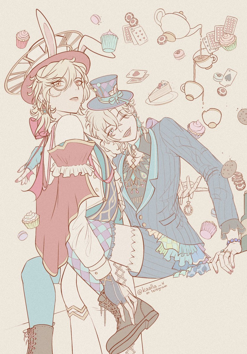 kaella_x's tweet photo. Silly blondie besties . #Aventurine as mad hatter #Kaveh as white rabbit with clock. https://t.co/UDboscwNcs