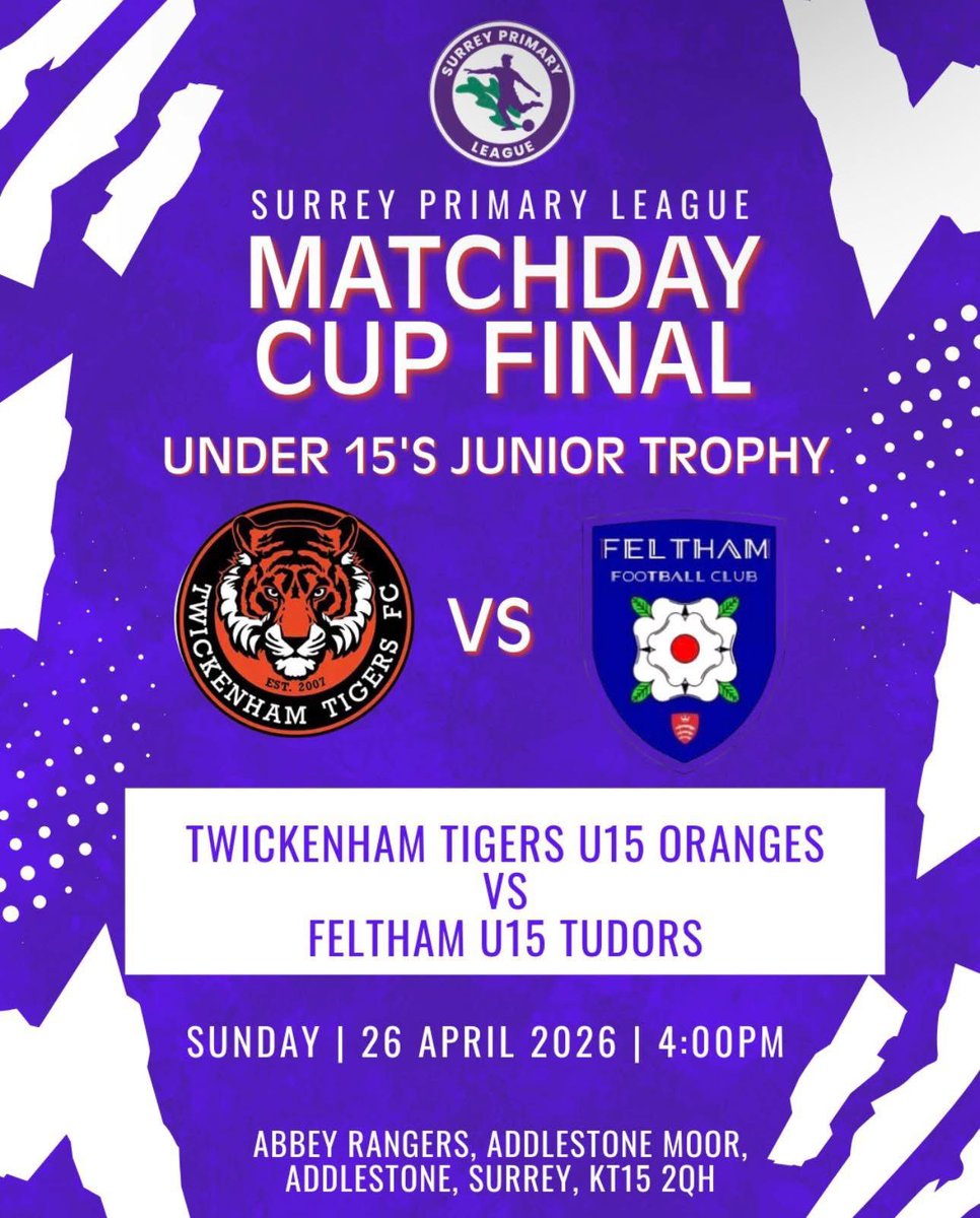 FelthamFC's tweet photo. @FunFootball4All @middxfa This Sunday will see our under 15s in cup final duty as they take on Twickenham Tigers 
4pm ko @fc_abbeyrangers https://t.co/a3gzBTnthF
