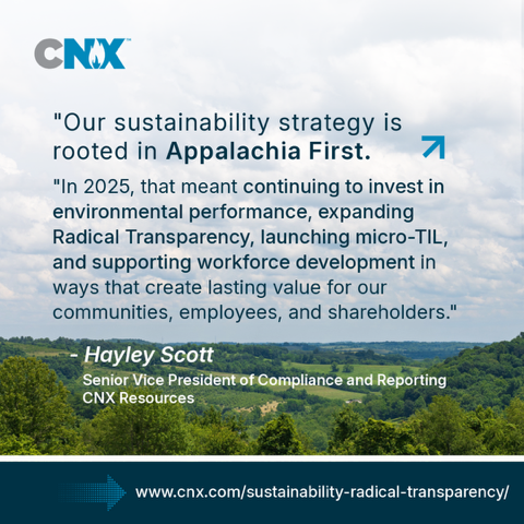 CNXTweets's tweet photo. CNX marked its first full year of dynamic ESG reporting in 2025, pairing quarterly ESG scorecards with continuously refreshed disclosures to deliver a more timely, transparent view of performance — with #AppalachiaFirst guiding the way forward.
More at ➡️ https://t.co/4bepgiptIk https://t.co/JQc4Y3Clqx
