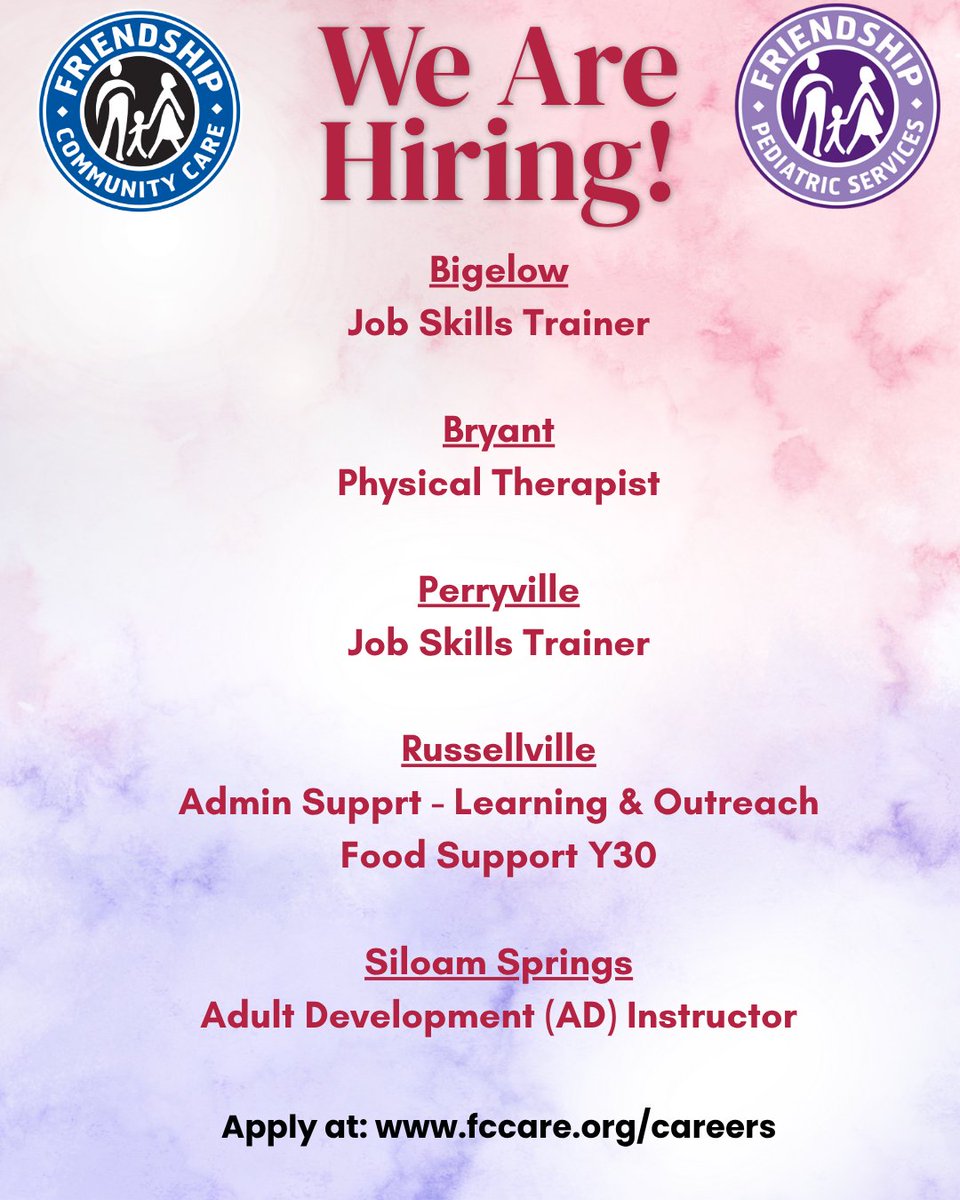 fccare's tweet photo. We Are Hiring! Friendship Community Care has exciting opportunities available now!
Start Today!  https://t.co/dfsf9krFkb
#FCC #FriendshipFriday  #NowHiring #DSP #directsupportprofessional #openpositions #Arkansasjobs #hiringnow #administration #Russellville  #Arkansas https://t.co/4c4bzpVltj
