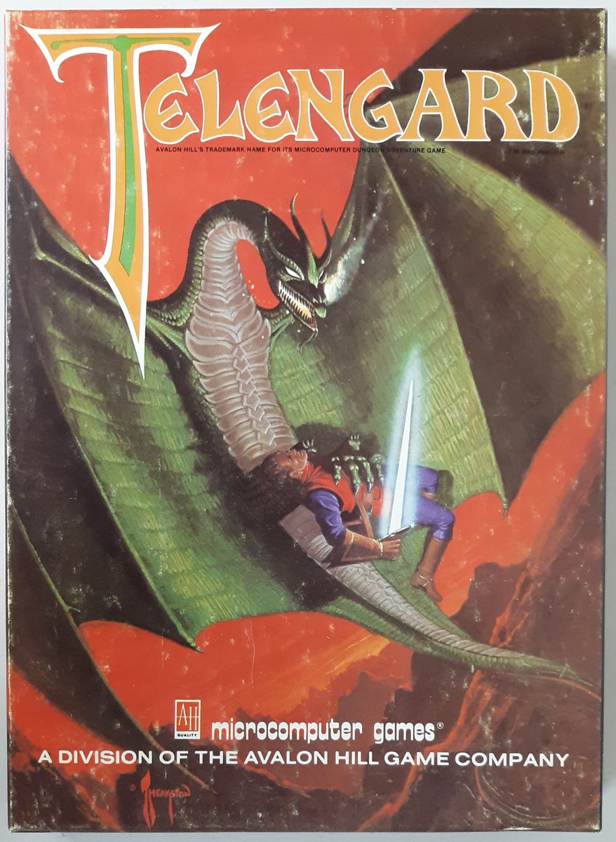 "Telengard" 1982 Avalon Hill/Microcomputer Games for Apple II. In the mysterious underworld of Telengard there are 50 levels of ever-more complex mazes for mighty adventurers. In this real time fantasy RPG, use wits, magic, fast thinking to fight monsters &amp; reap valuable rewards.