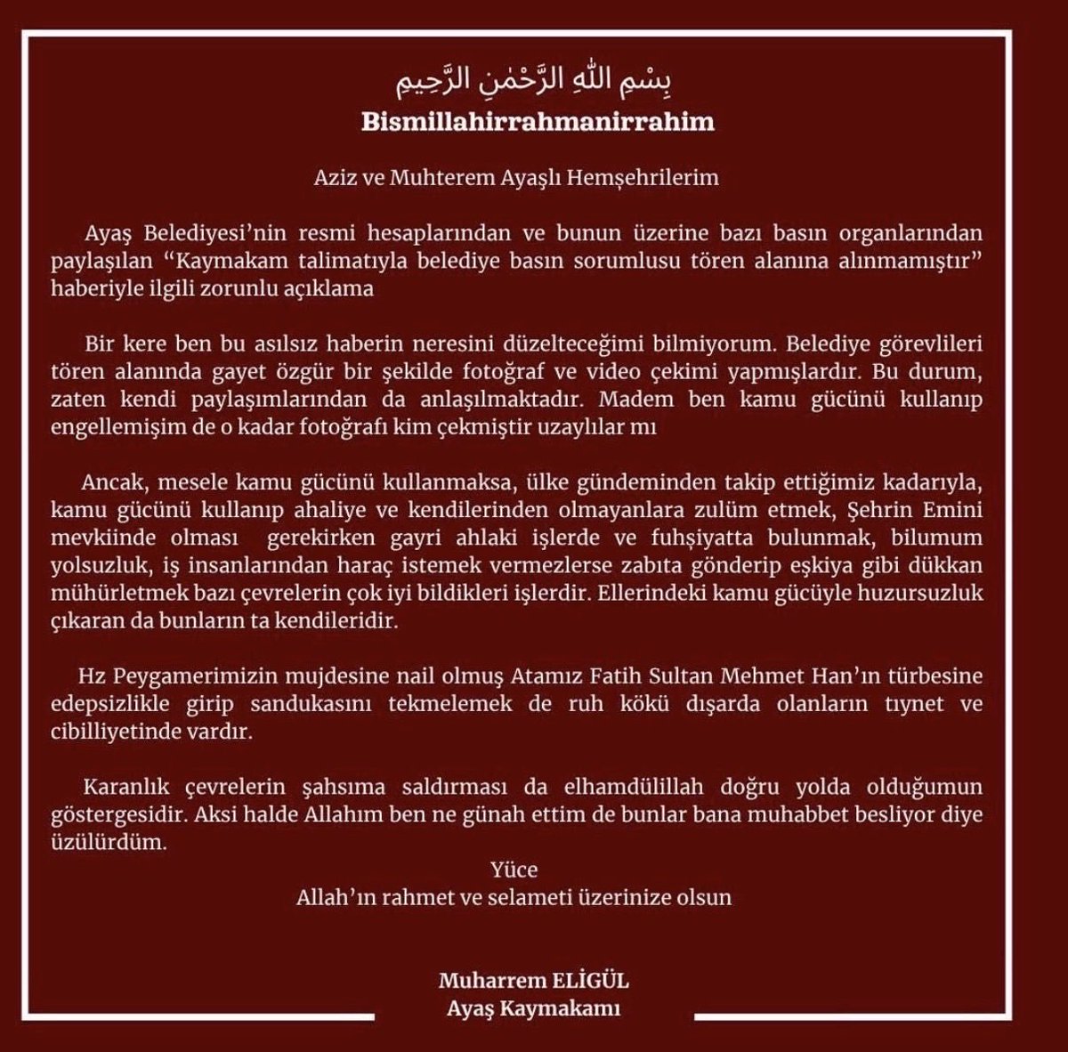 dralirizaerdek's tweet photo. Tam da itiraz ettiğimiz nokta burası: Ülkeyi parti devletine çevirdiniz. Kaymakamlar adeta bir partinin ilçe başkanı gibi davranıyor; yetkili kurumlarda çalışan, halkın vergileriyle maaş alan devlet memurları tarafsızlığını yitirip bir partinin memuru haline getiriliyor. Bunun da ötesinde, devlet adabından uzak, haddini aşan bir dil ve tutum sergileniyor.

Dinimizi de araçsallaştırmaktan geri durulmuyor. Oysa besmele, bir işe hayırla başlamak için çekilir; insanlara hakaret etmek, küfretmek ya da iftira atmak için değil.
@AnkaraValiligi 
@AyasKaymakaml 
@muharremeligul